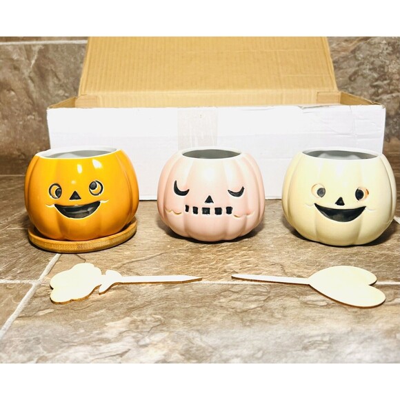 Set Of 3 Pumpkin Ceramic Planter Succulent Pots Halloween Fall Decor Harvest - Picture 1 of 8